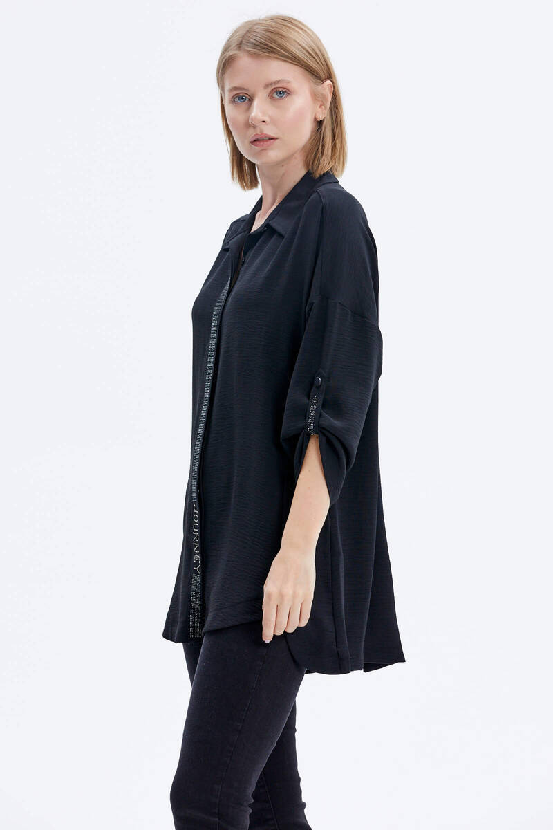 Büyük Beden Taş Detaylı Gömlek - Siyah (2) Sementa