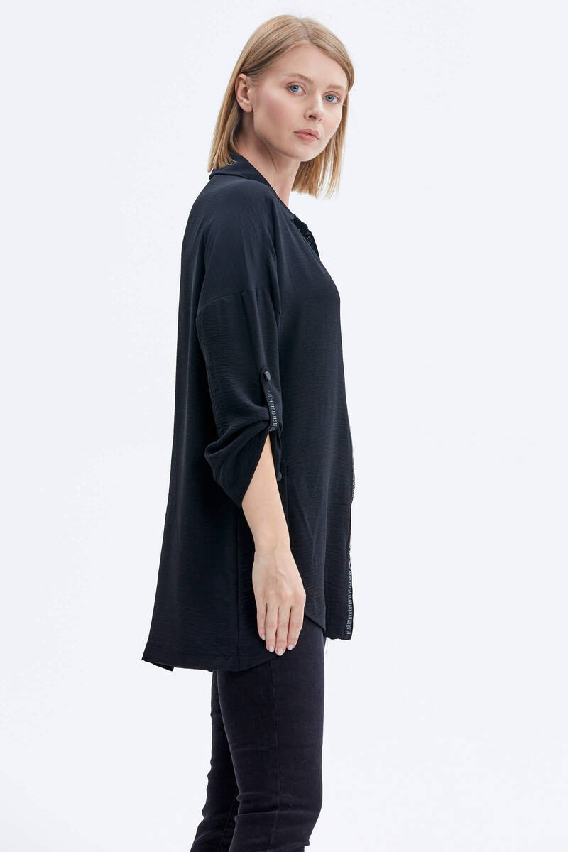 Büyük Beden Taş Detaylı Gömlek - Siyah (3) Sementa