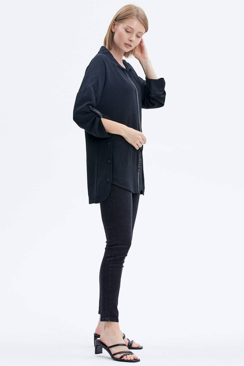 Büyük Beden Taş Detaylı Gömlek - Siyah (4) Sementa