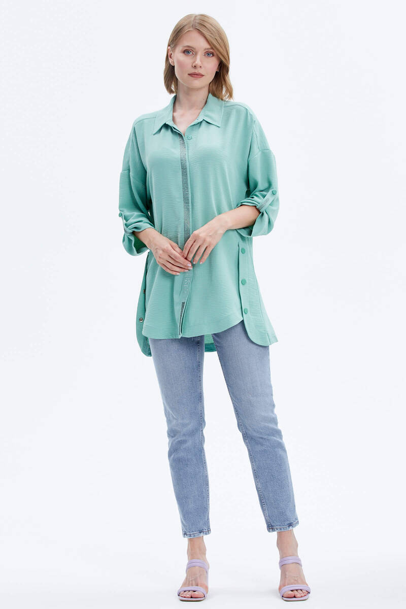 Büyük Beden Taş Detaylı Gömlek - Yeşil (1) Sementa