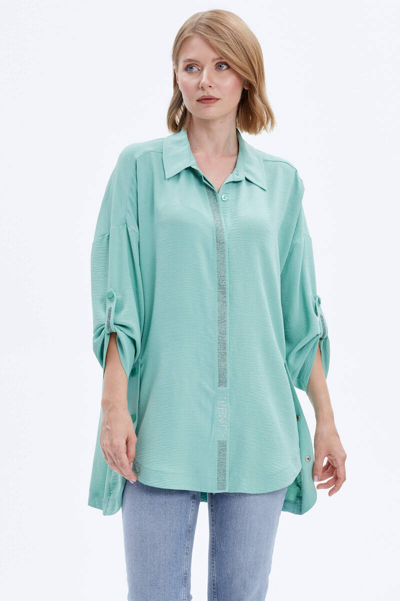 Büyük Beden Taş Detaylı Gömlek - Yeşil (2) Sementa