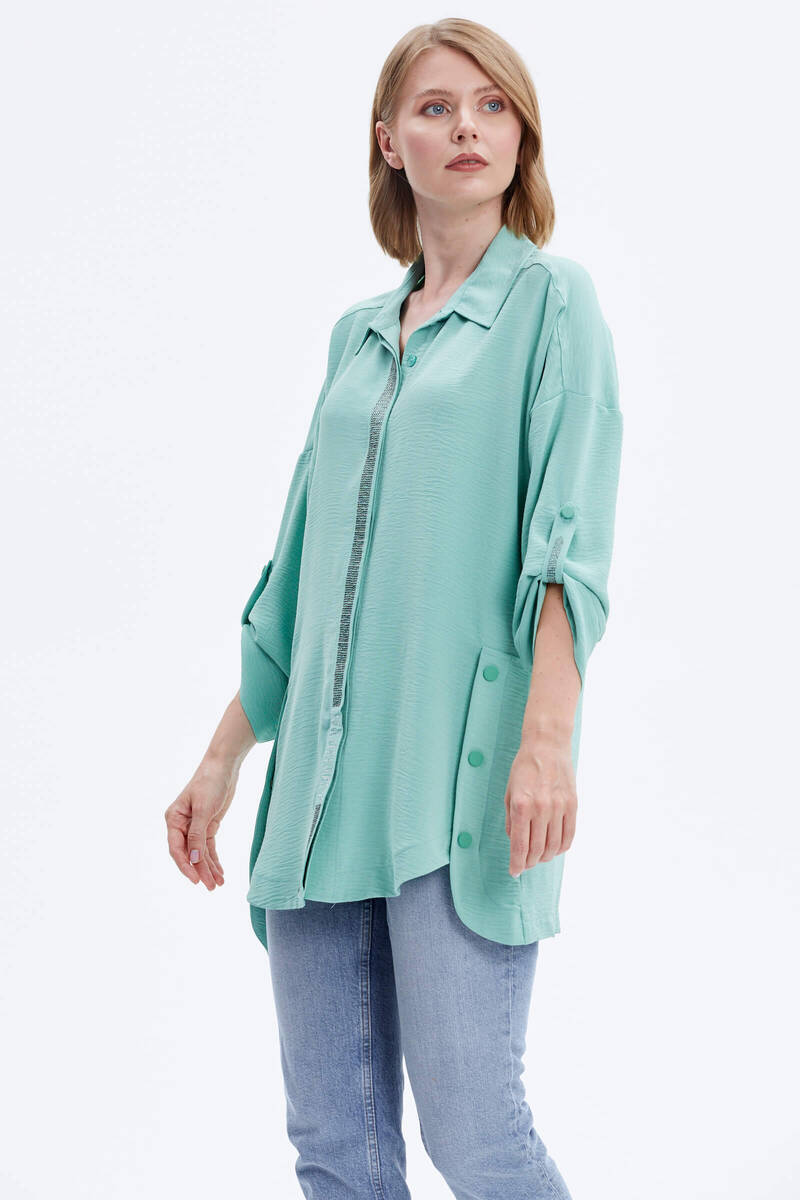 Büyük Beden Taş Detaylı Gömlek - Yeşil (3) Sementa