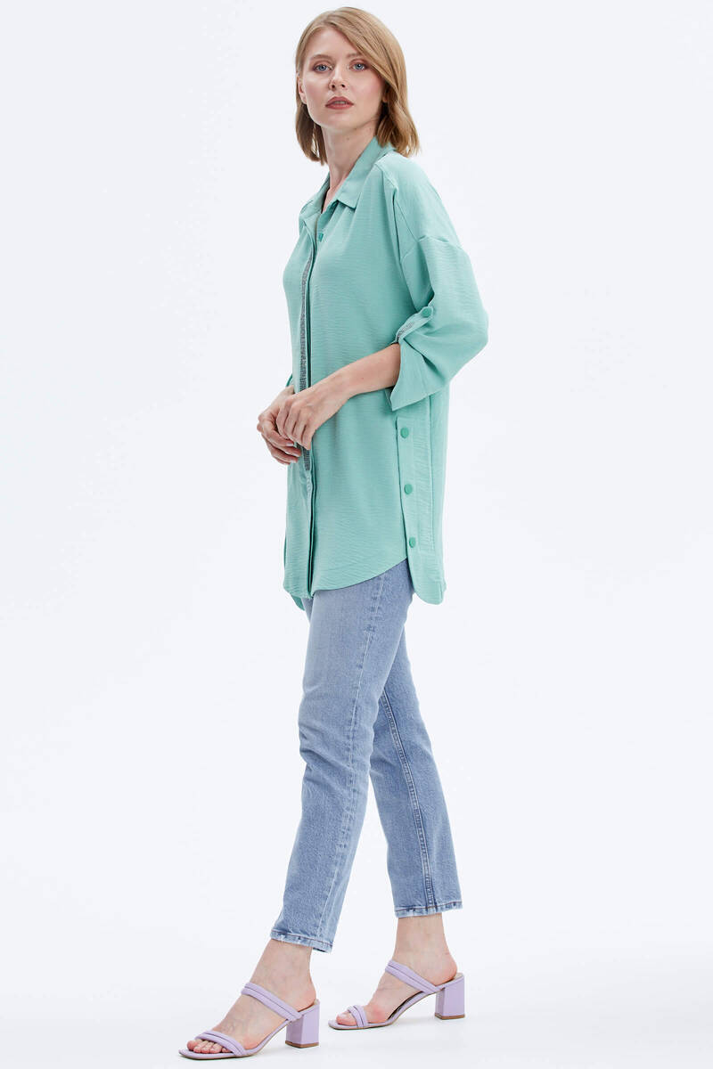 Büyük Beden Taş Detaylı Gömlek - Yeşil (4) Sementa