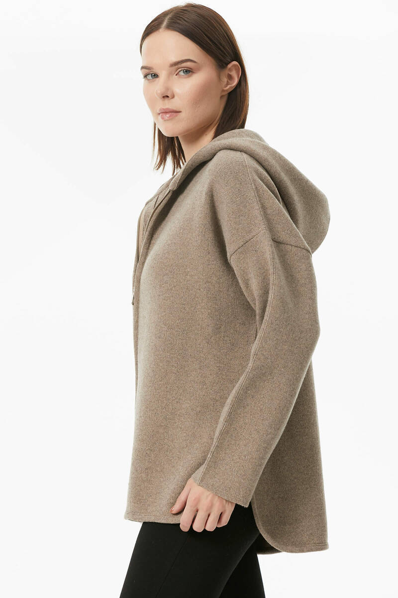 Çelik Örgü Fermuarlı Kapüşonlu Triko Ceket - Kahve (4) Sementa