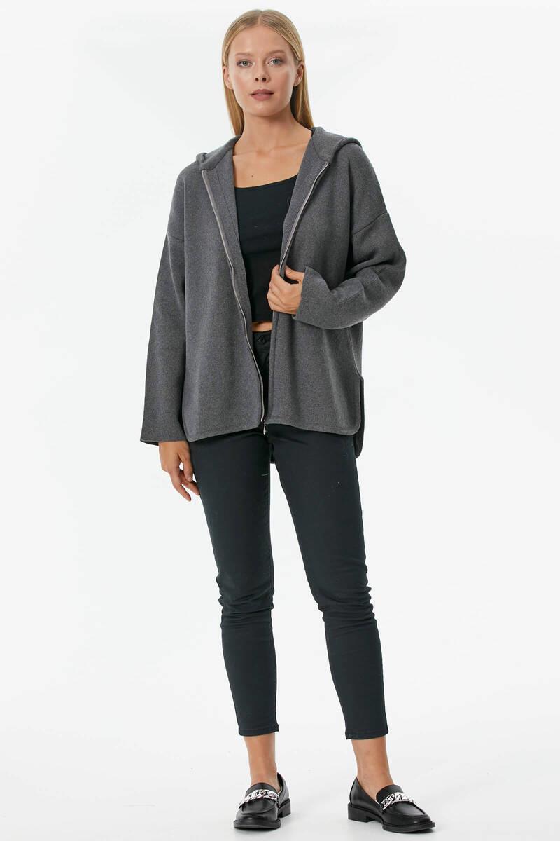 Çelik Örgü Fermuarlı Kapüşonlu Triko Ceket - Koyu Gri (1) Sementa