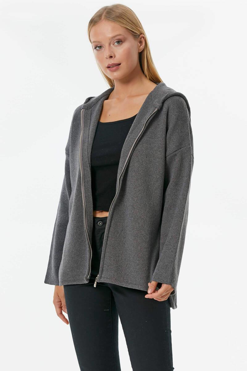 Çelik Örgü Fermuarlı Kapüşonlu Triko Ceket - Koyu Gri (2) Sementa