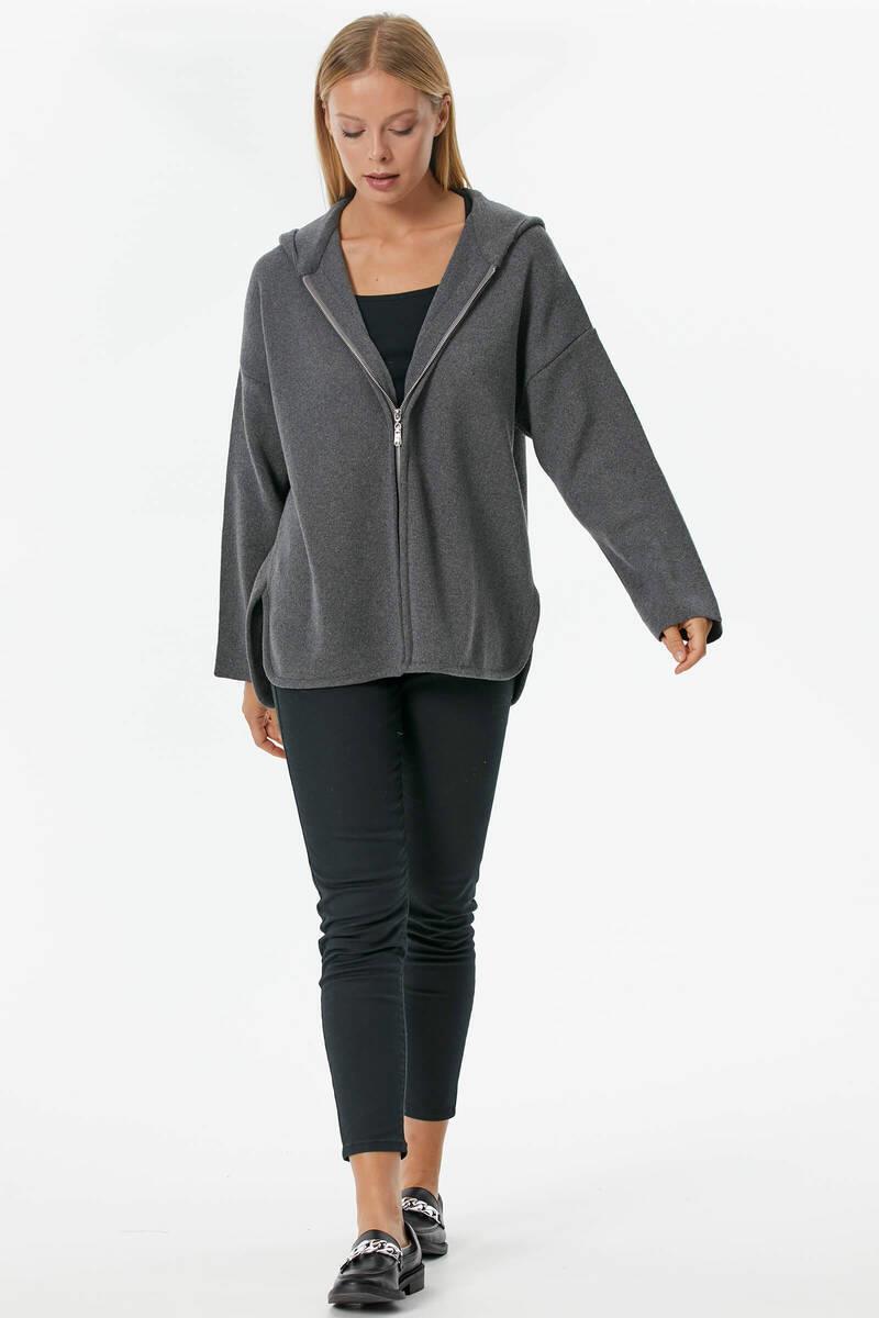 Çelik Örgü Fermuarlı Kapüşonlu Triko Ceket - Koyu Gri (3) Sementa
