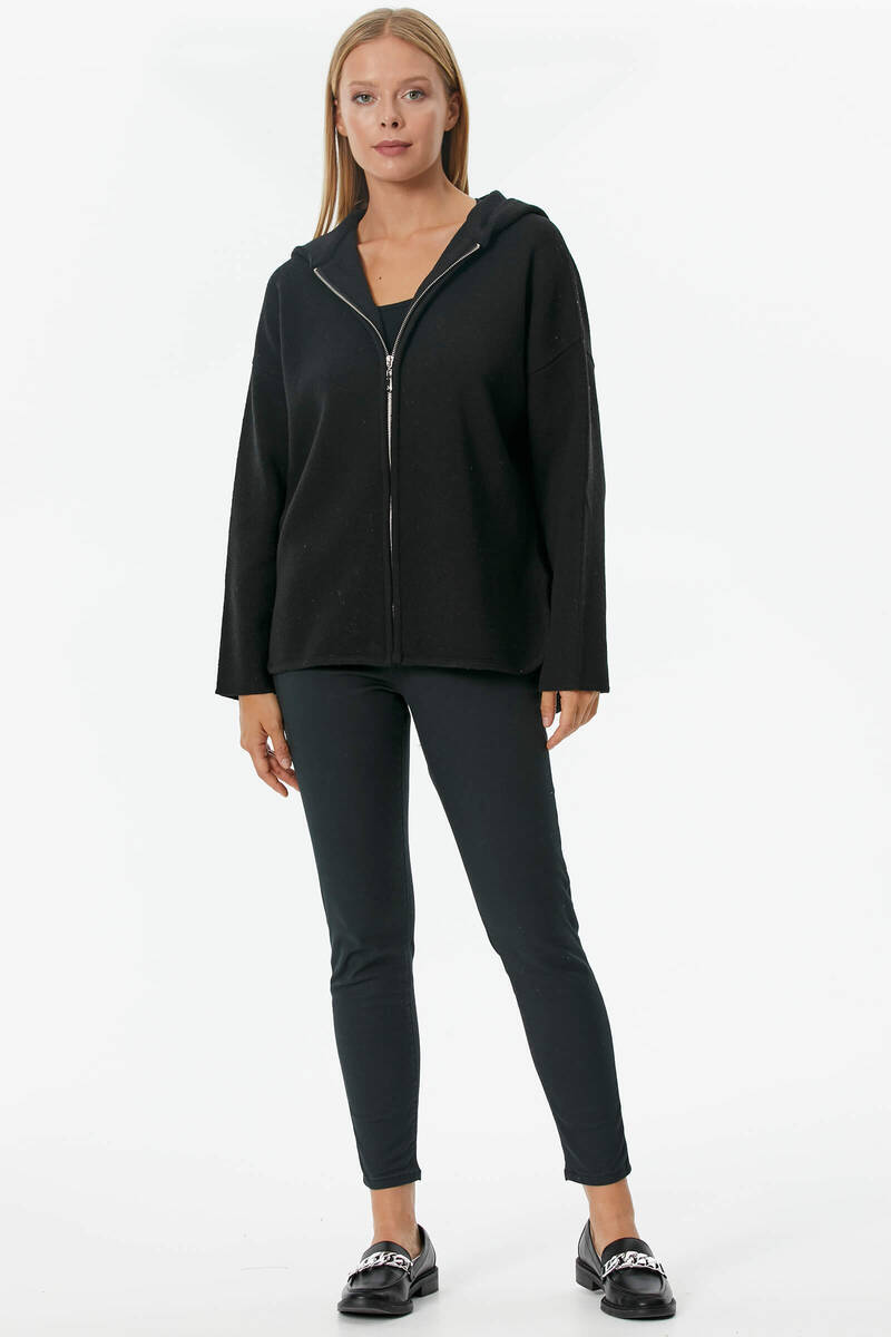 Çelik Örgü Fermuarlı Kapüşonlu Triko Ceket - Siyah (1) Sementa