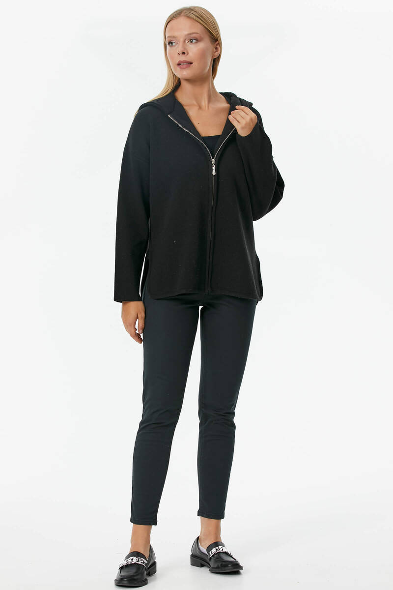 Çelik Örgü Fermuarlı Kapüşonlu Triko Ceket - Siyah (2) Sementa