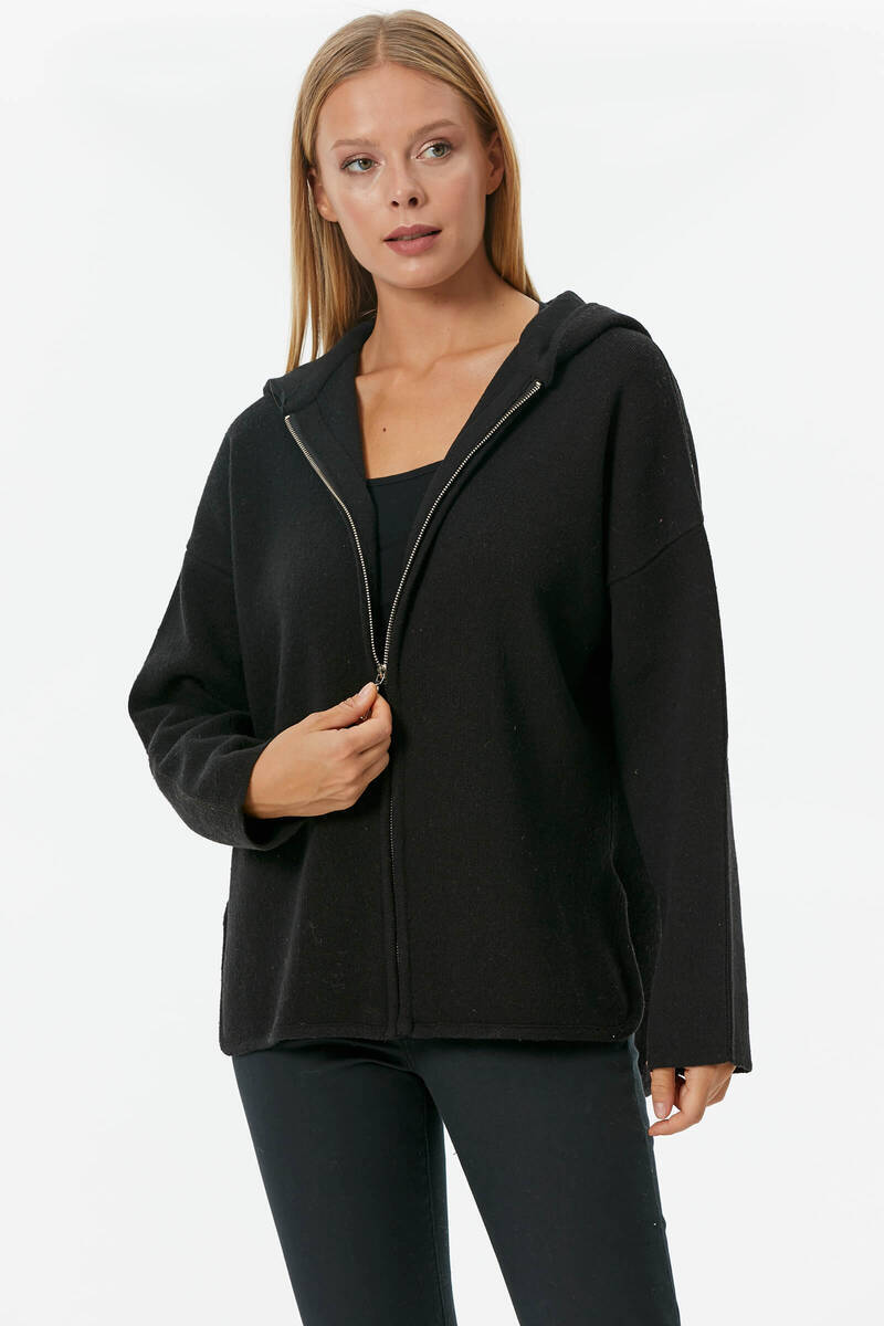 Çelik Örgü Fermuarlı Kapüşonlu Triko Ceket - Siyah (3) Sementa
