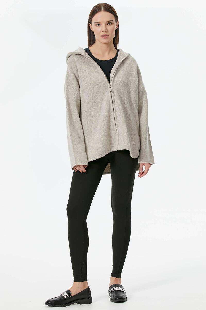 Çelik Örgü Fermuarlı Kapüşonlu Triko Ceket - Vizon (1) Sementa