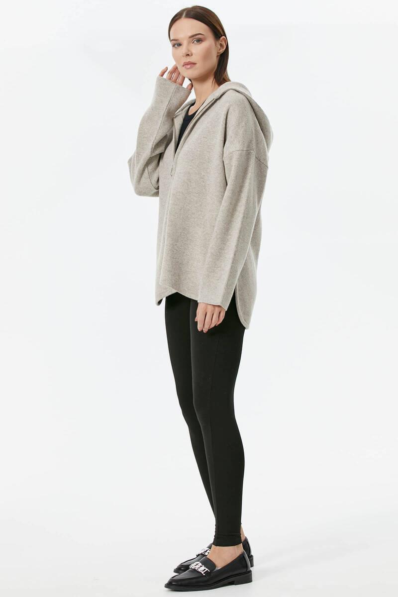 Çelik Örgü Fermuarlı Kapüşonlu Triko Ceket - Vizon (3) Sementa
