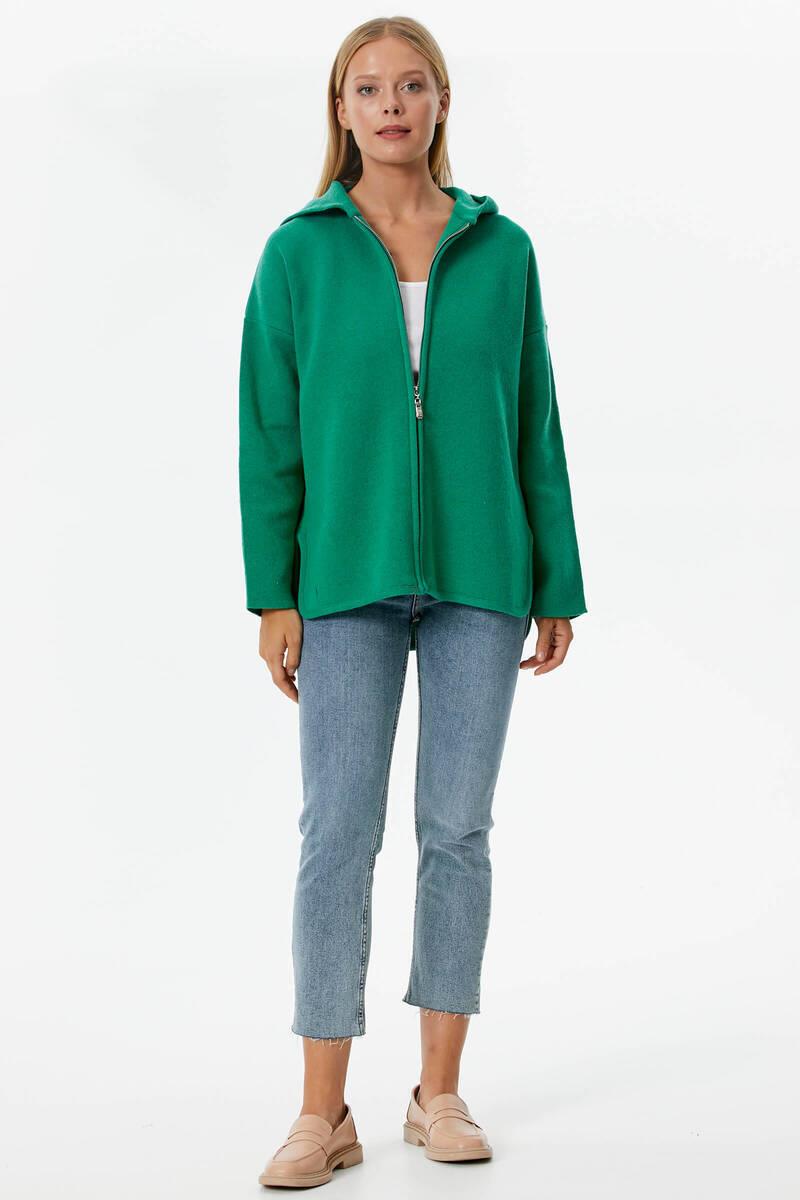 Çelik Örgü Fermuarlı Kapüşonlu Triko Ceket - Yeşil (1) Sementa