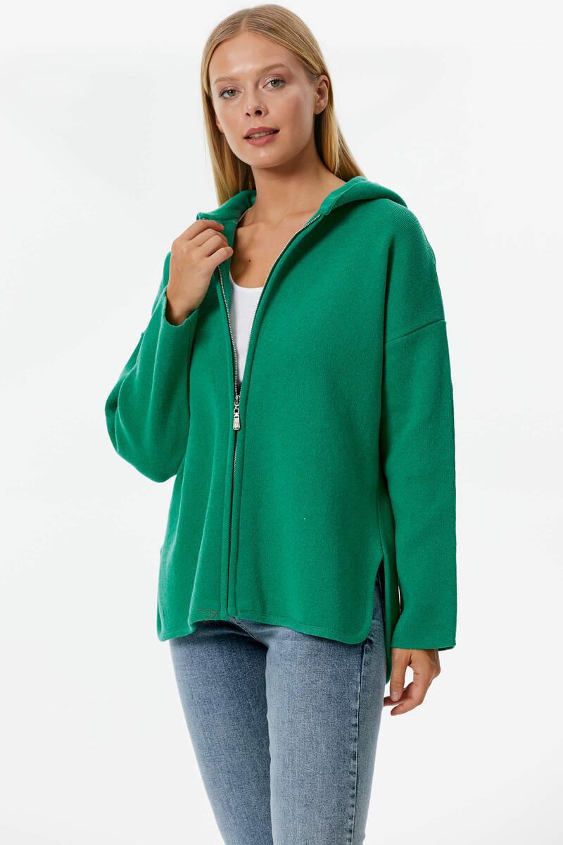 Çelik Örgü Fermuarlı Kapüşonlu Triko Ceket - Yeşil (2) Sementa