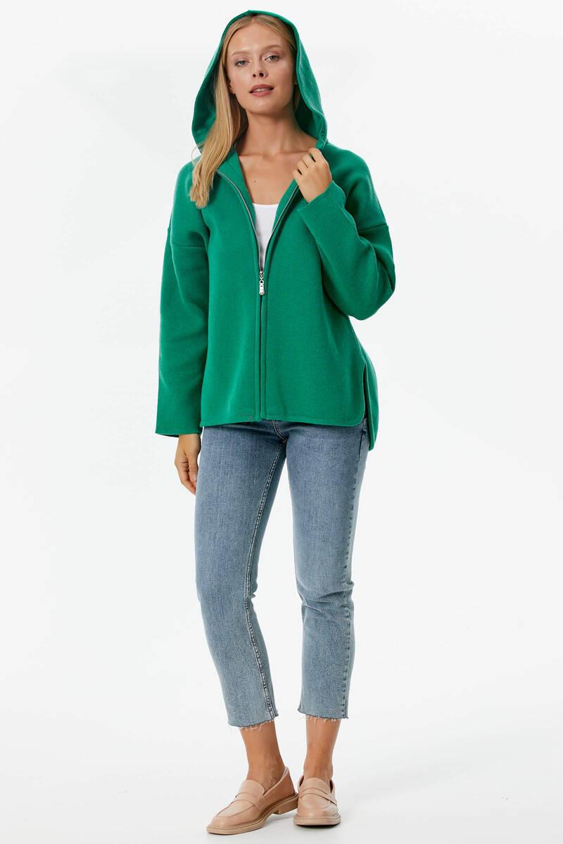 Çelik Örgü Fermuarlı Kapüşonlu Triko Ceket - Yeşil (3) Sementa