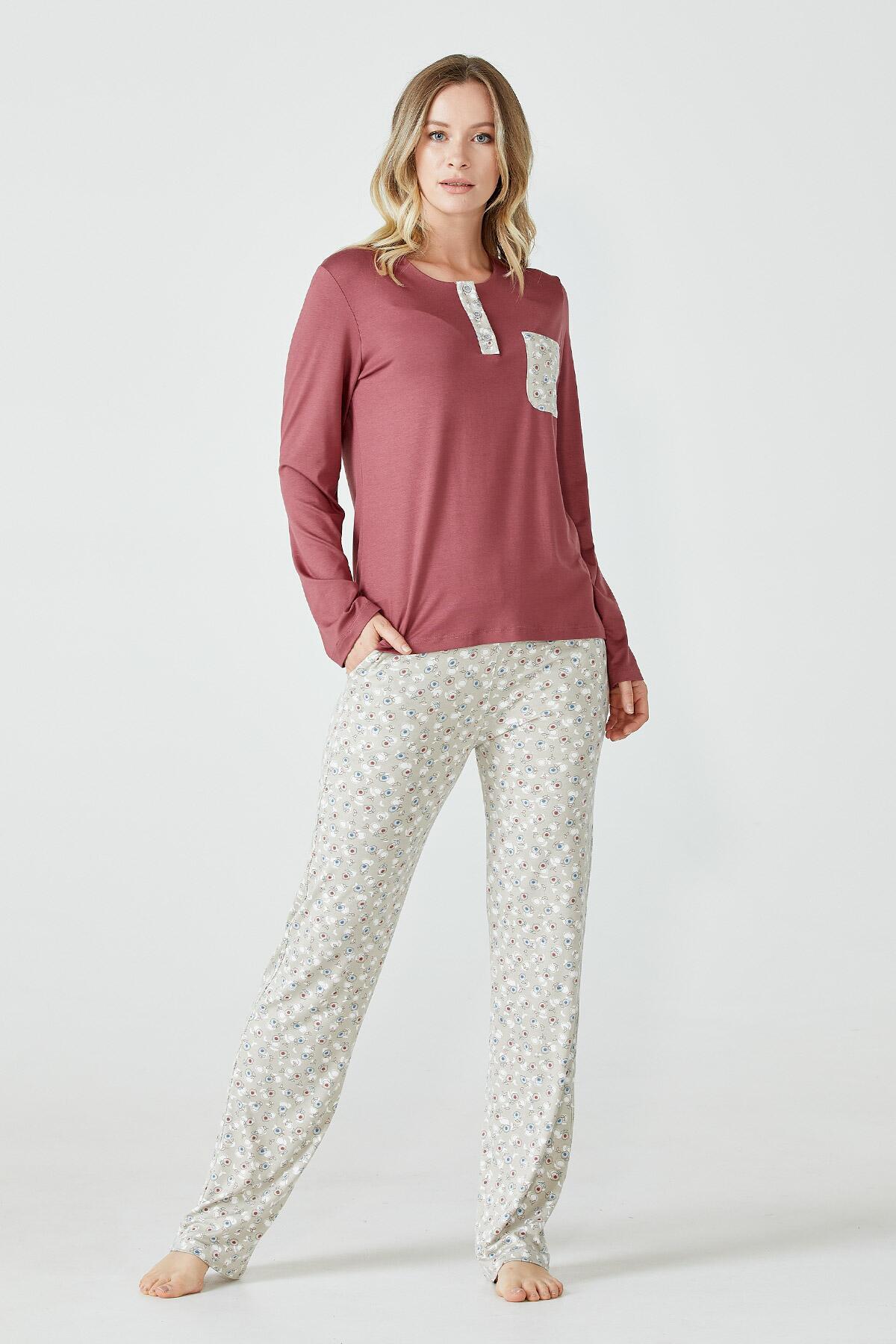 Cep Detaylı Desenli Kadın Pijama Takımı - Gül (3) Sementa