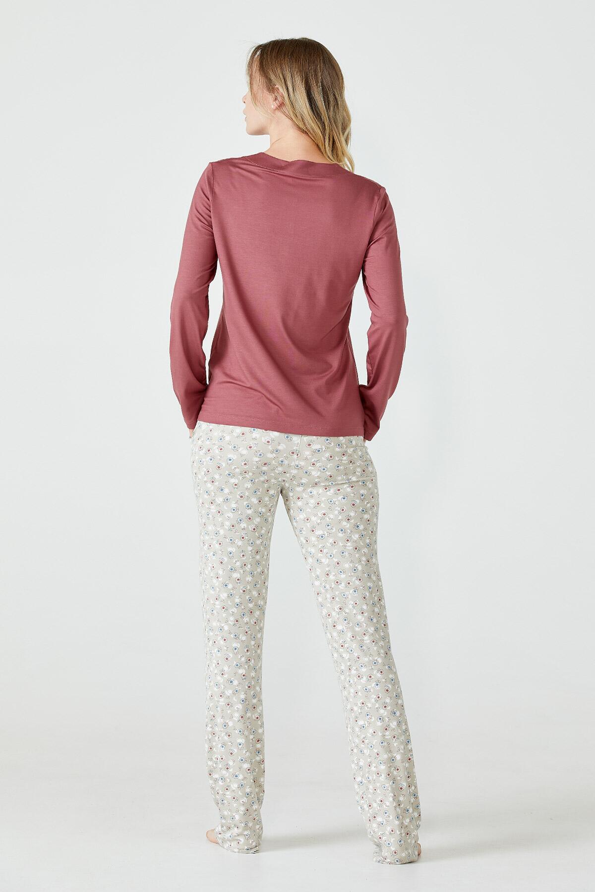 Cep Detaylı Desenli Kadın Pijama Takımı - Gül (4) Sementa