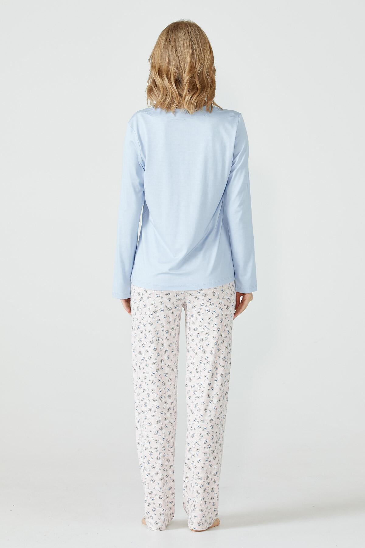 Cep Detaylı Desenli Kadın Pijama Takımı - Mavi (5) Sementa