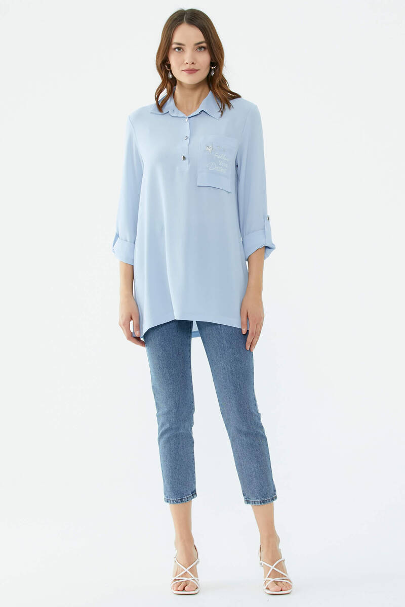 Cep Detaylı Krep Uzun Gömlek - Açık Mavi (1) Sementa