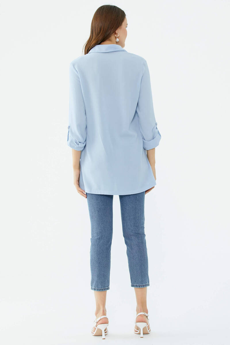 Cep Detaylı Krep Uzun Gömlek - Açık Mavi (3) Sementa