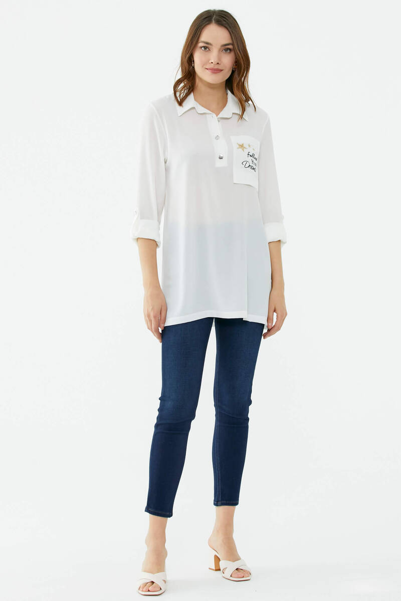 Cep Detaylı Krep Uzun Gömlek - Ekru (1) Sementa