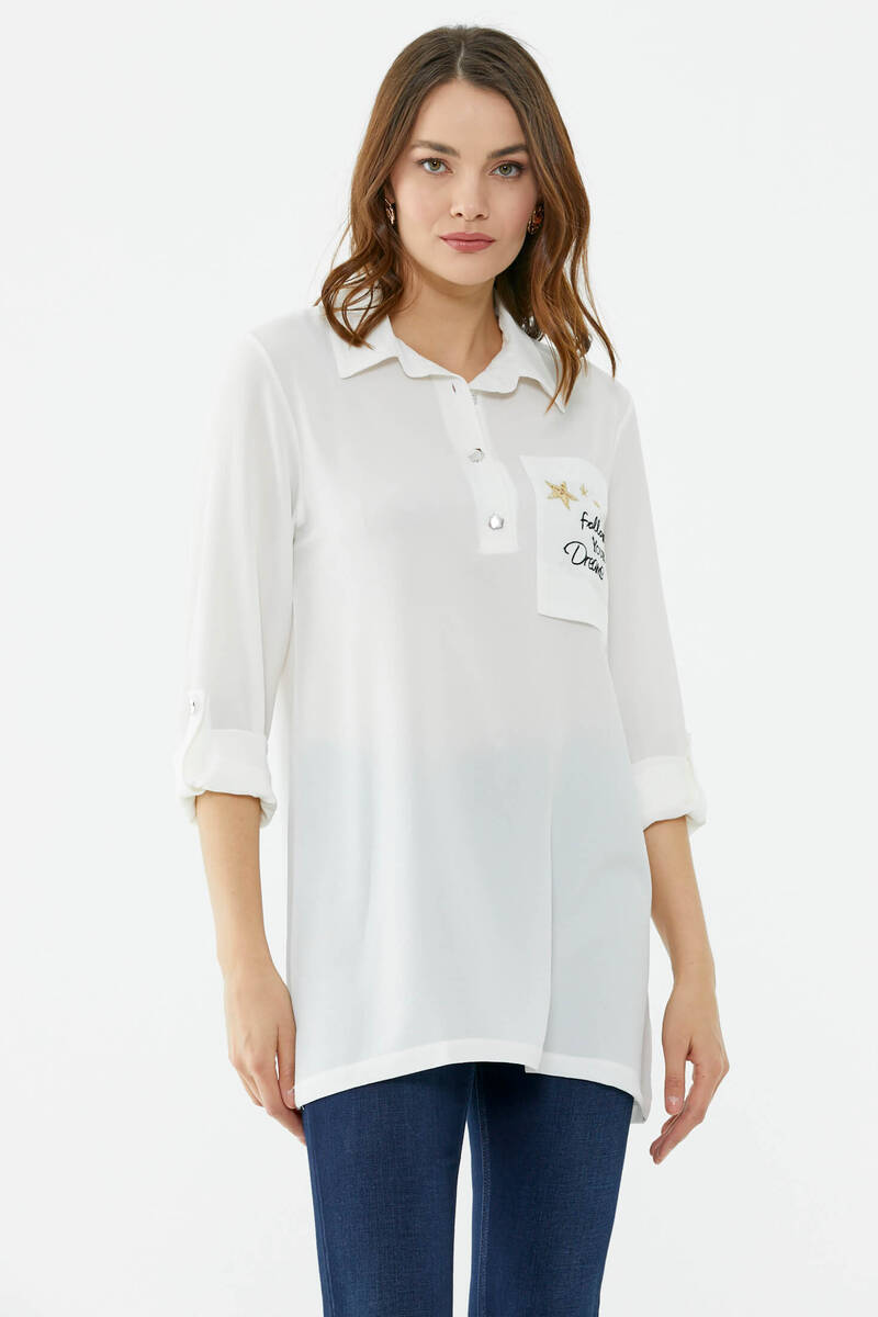 Cep Detaylı Krep Uzun Gömlek - Ekru (2) Sementa