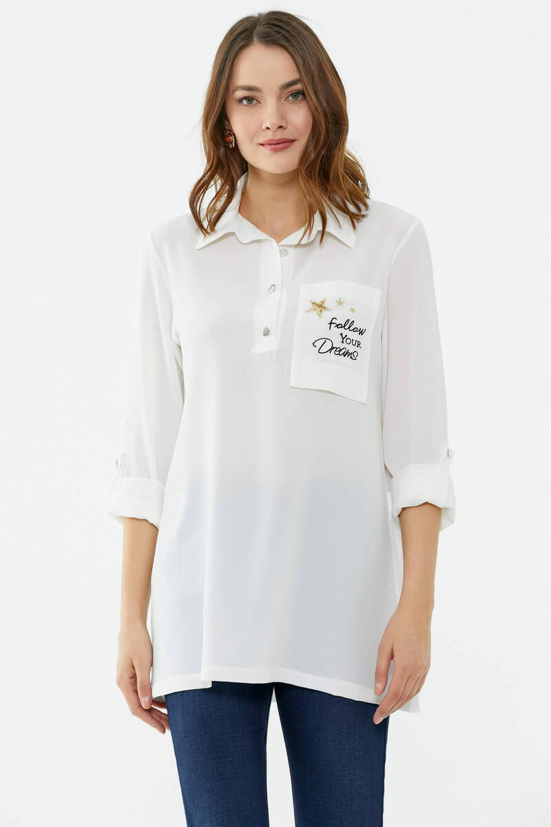 Cep Detaylı Krep Uzun Gömlek - Ekru (3) Sementa