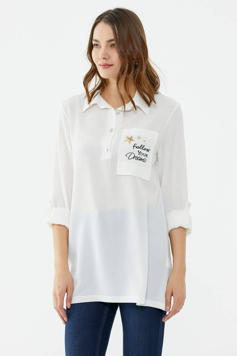 Cep Detaylı Krep Uzun Gömlek - Ekru (4) Sementa