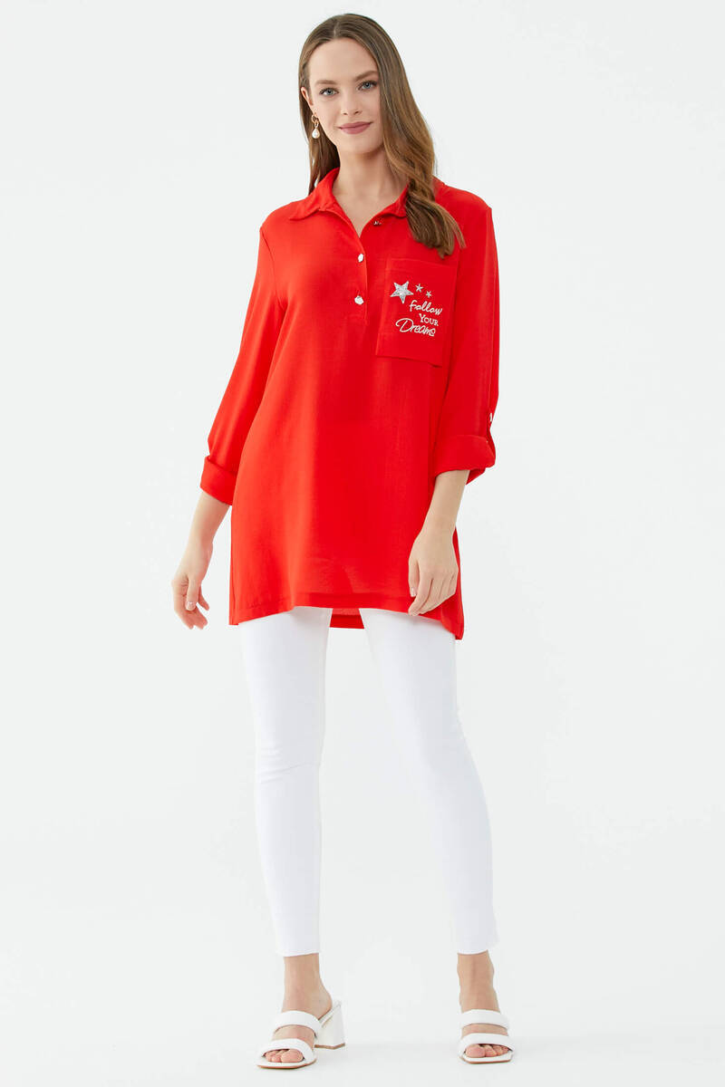 Cep Detaylı Krep Uzun Gömlek - Kırmızı (1) Sementa