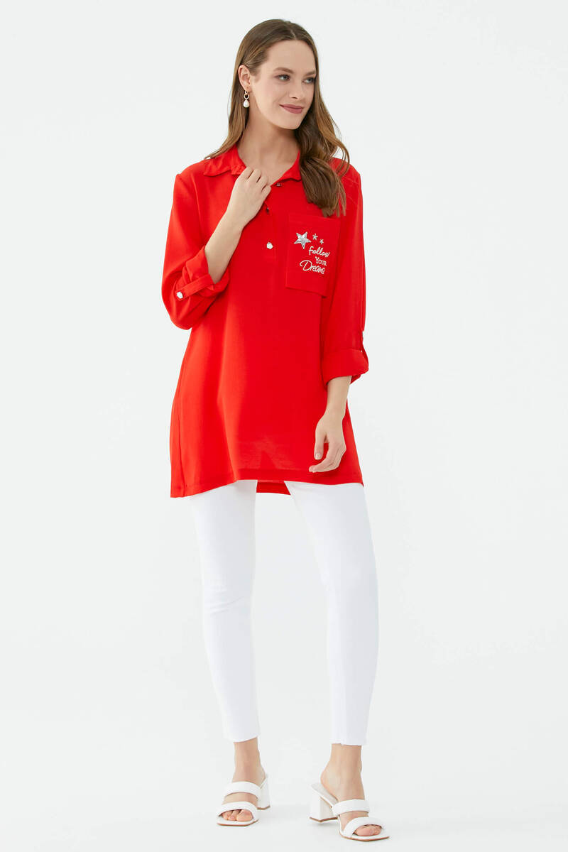 Cep Detaylı Krep Uzun Gömlek - Kırmızı (2) Sementa