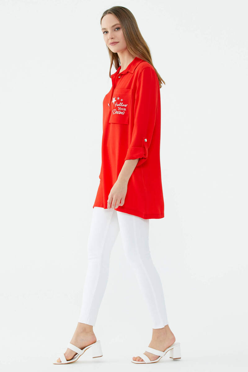 Cep Detaylı Krep Uzun Gömlek - Kırmızı (3) Sementa