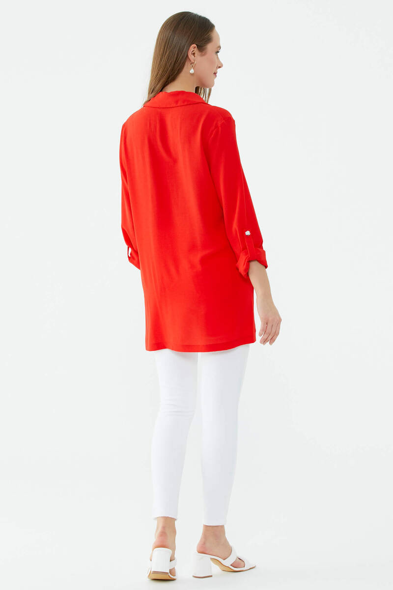 Cep Detaylı Krep Uzun Gömlek - Kırmızı (4) Sementa