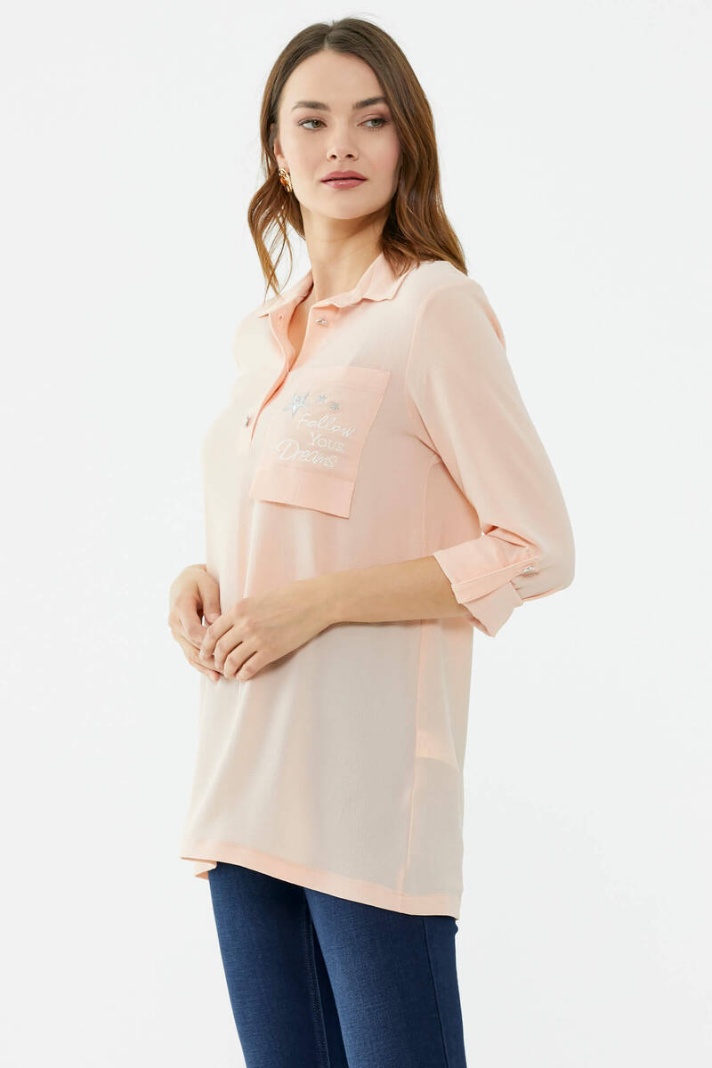 Cep Detaylı Krep Uzun Gömlek - Somon (4) Sementa