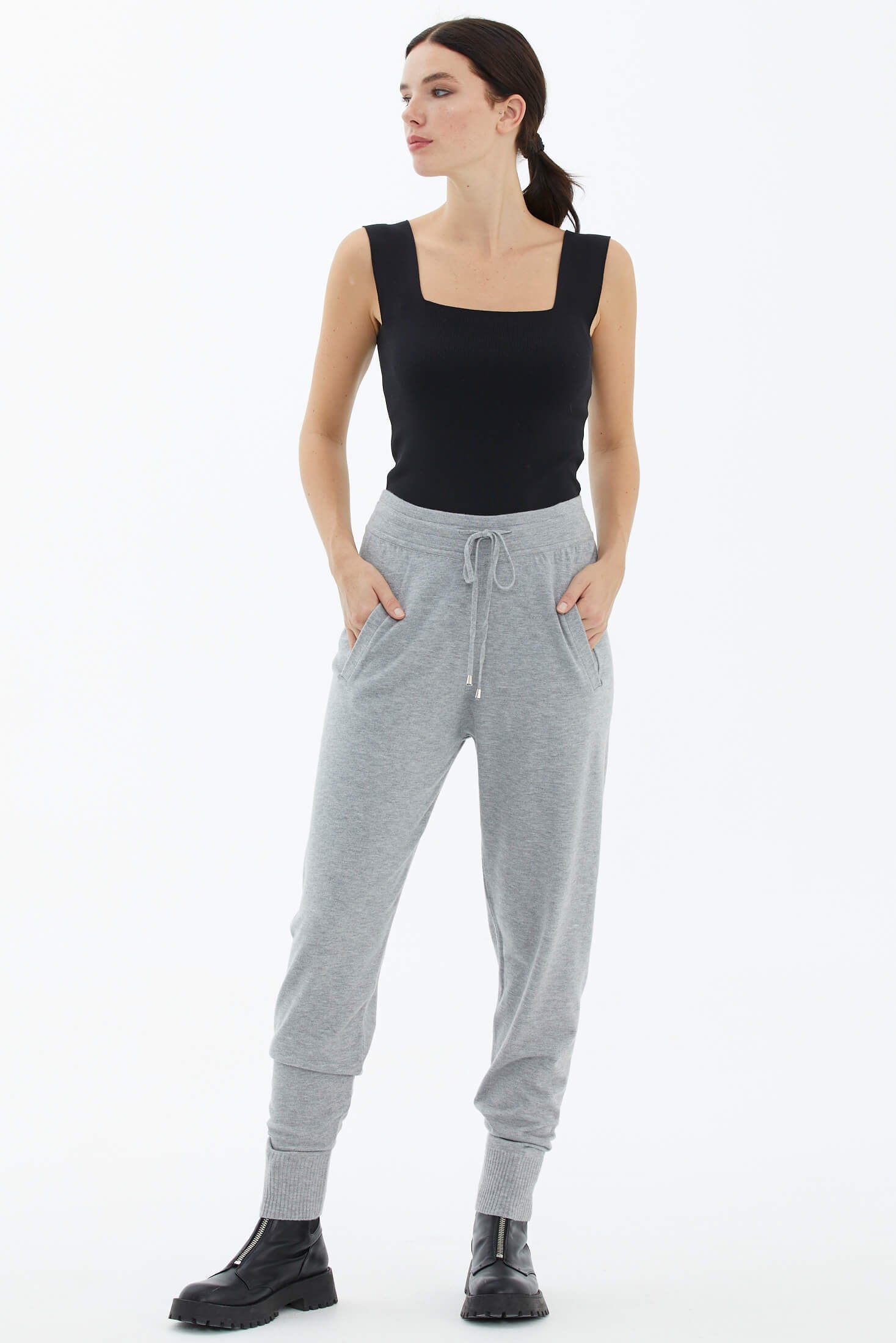 Cepli Bağcıklı Triko Pantolon - Açık Gri (1) Sementa