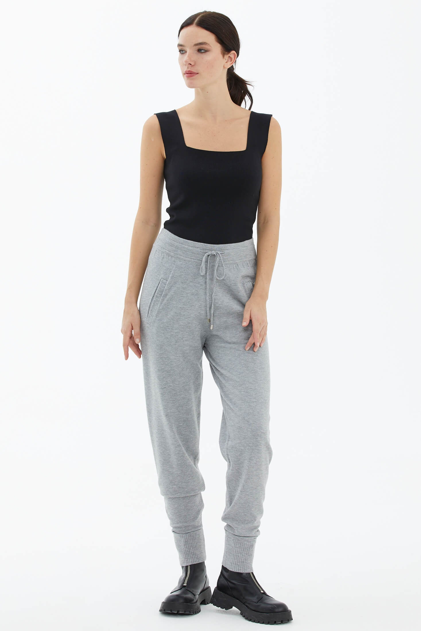 Cepli Bağcıklı Triko Pantolon - Açık Gri (2) Sementa