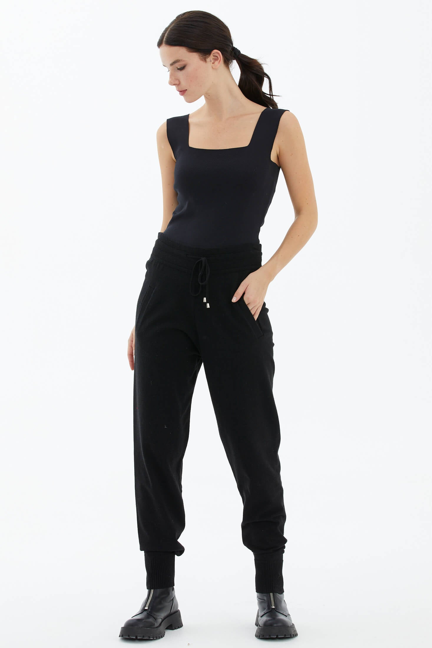 Cepli Bağcıklı Triko Pantolon - Siyah (2) Sementa