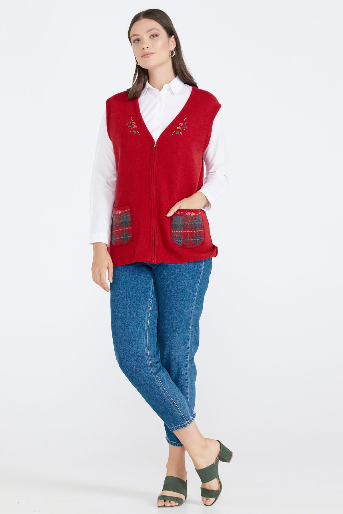 Cepli Fermuarlı Triko Yelek - Kırmızı (2) Sementa