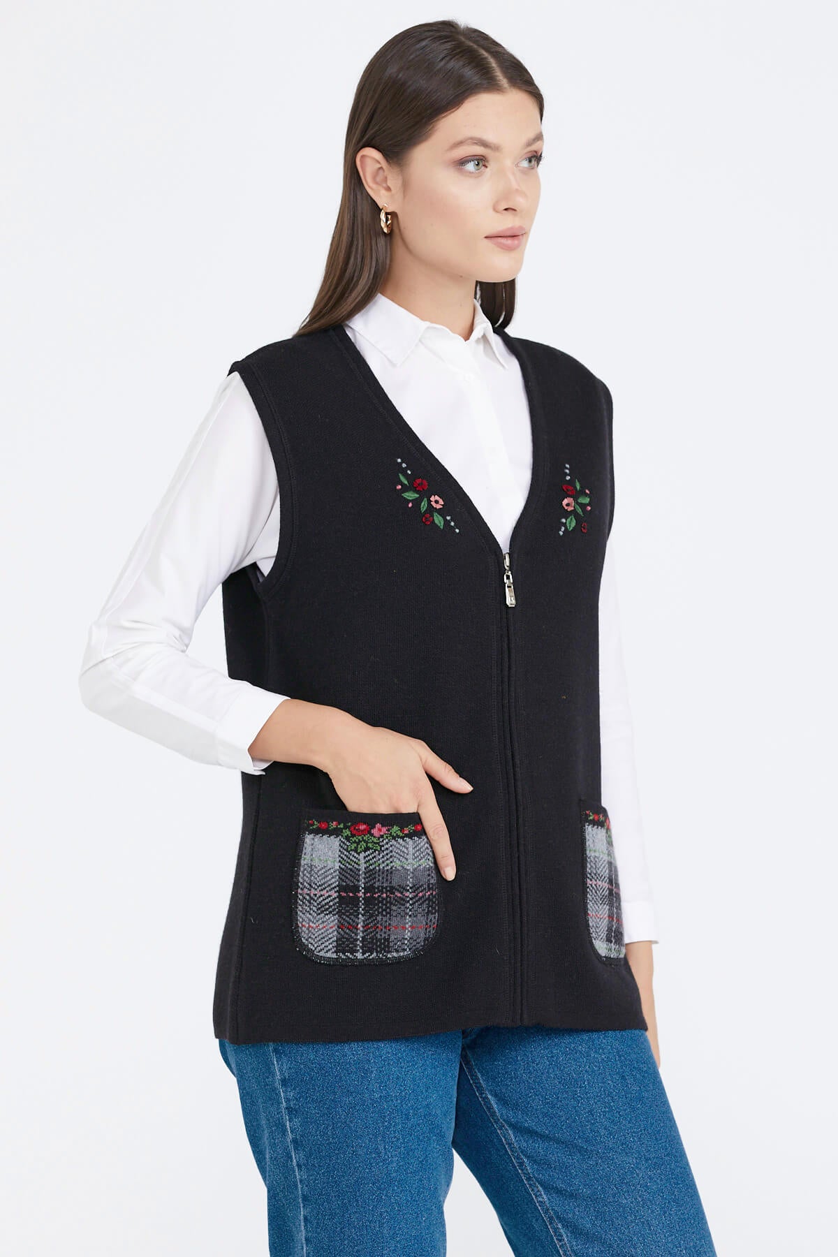 Cepli Fermuarlı Triko Yelek - Siyah (2) Sementa