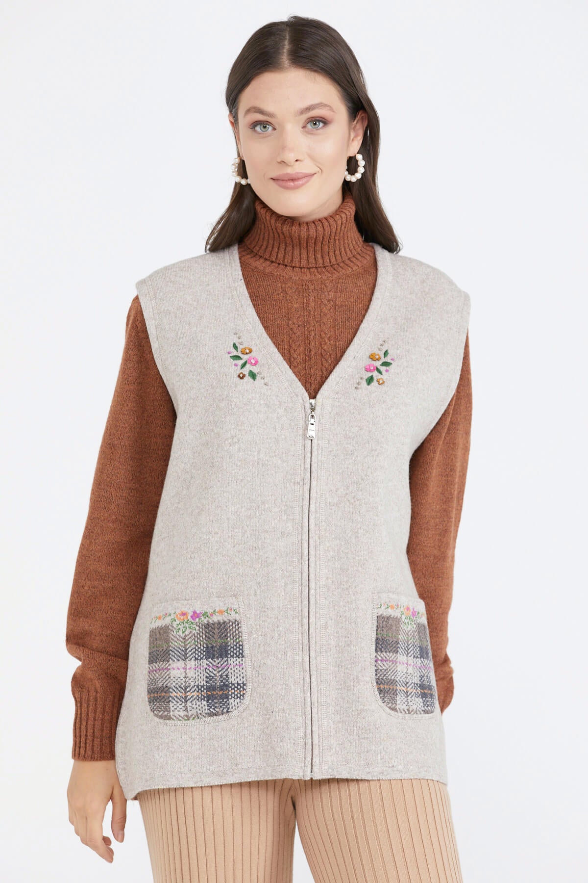 Cepli Fermuarlı Triko Yelek - Vizon (1) Sementa