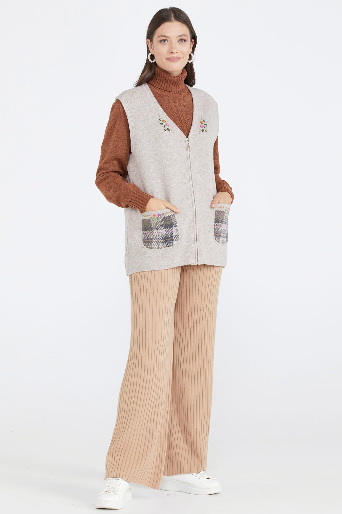 Cepli Fermuarlı Triko Yelek - Vizon (2) Sementa