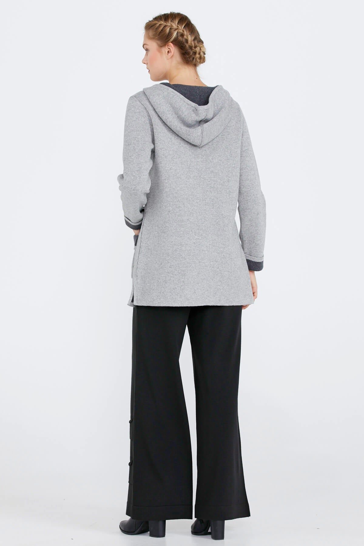 Cepli ve Kapüşonlu Kadın Triko Ceket - Açık Gri - Koyu Gri (4) Sementa