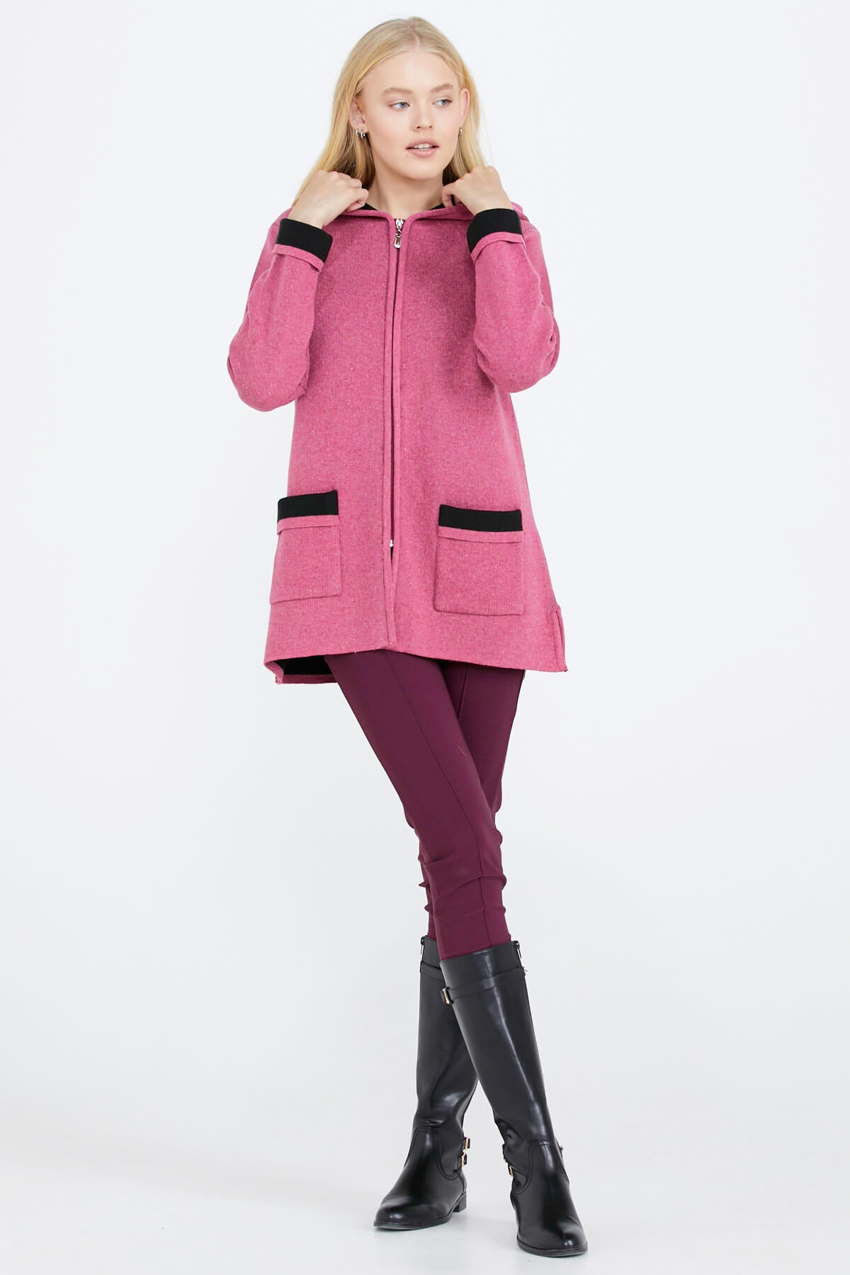 Cepli ve Kapüşonlu Kadın Triko Ceket - Gül - Siyah (2) Sementa