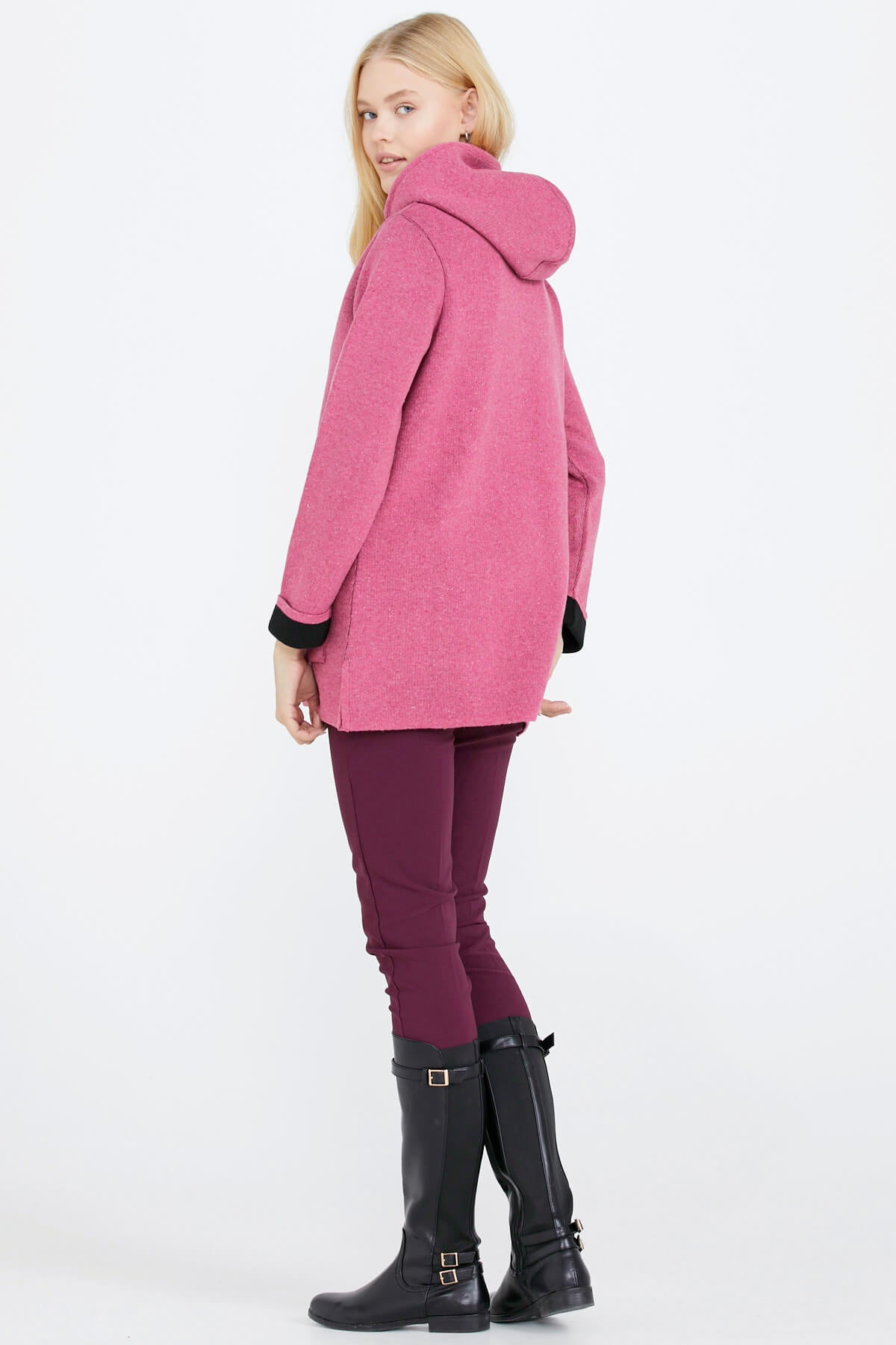 Cepli ve Kapüşonlu Kadın Triko Ceket - Gül - Siyah (3) Sementa