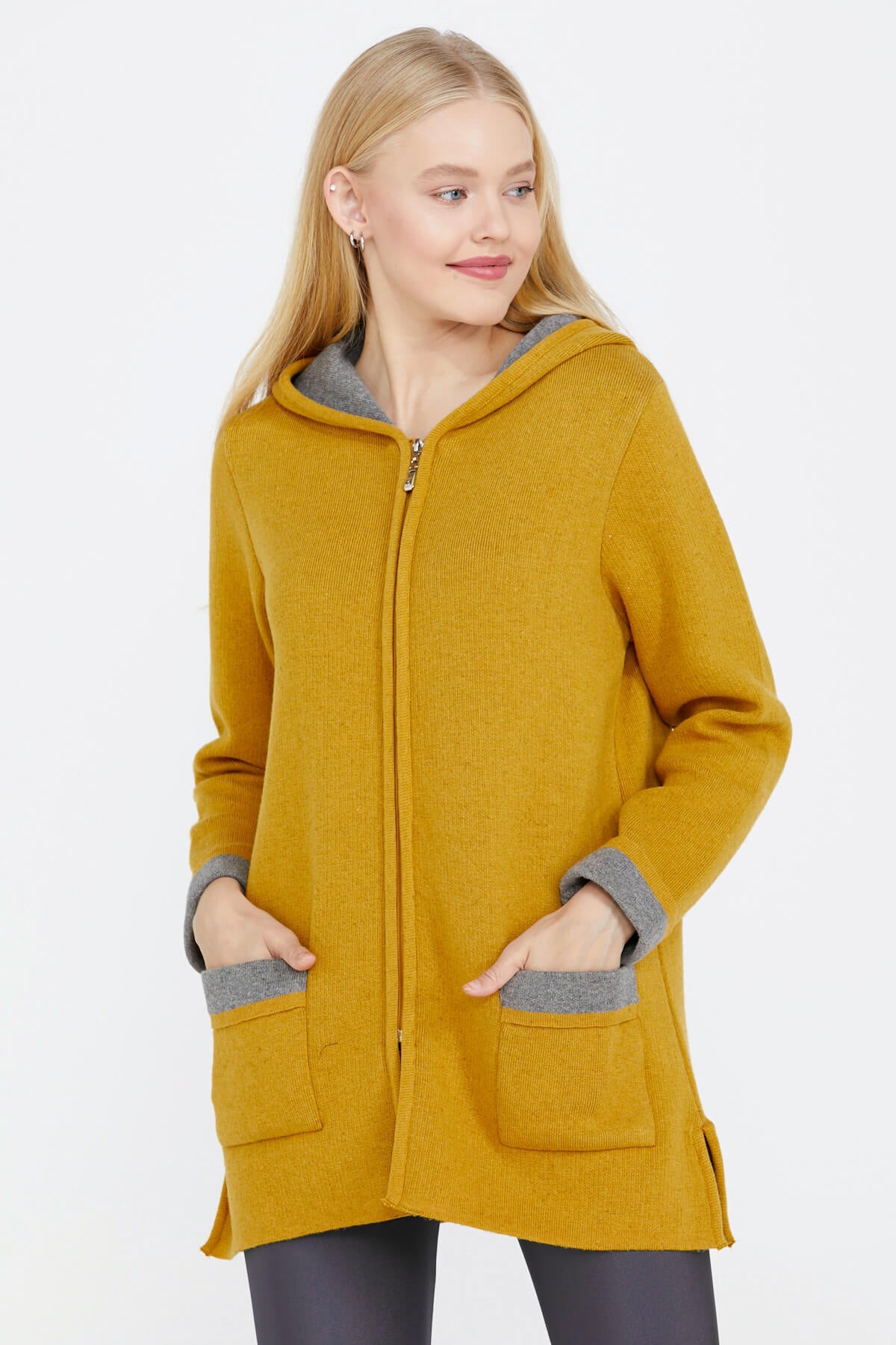 Cepli ve Kapüşonlu Kadın Triko Ceket - Güneş - Gri (1) Sementa