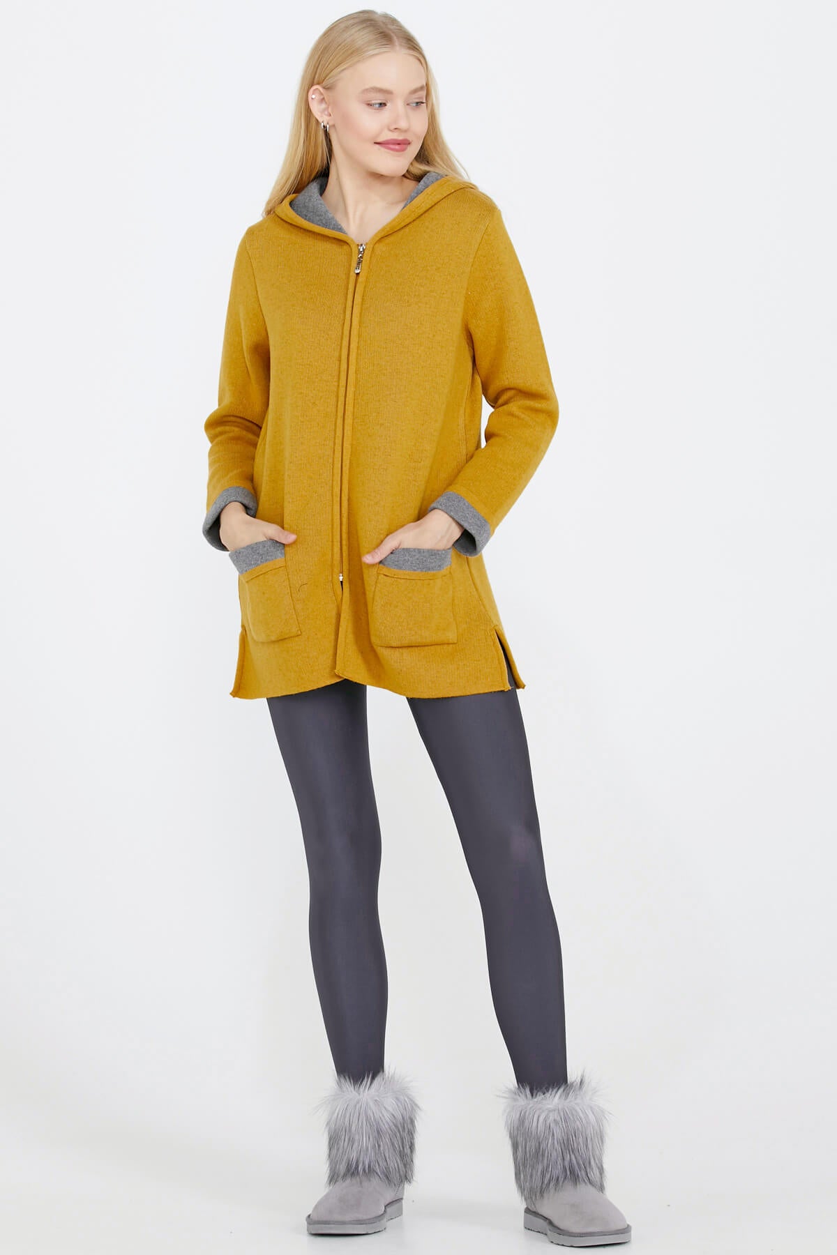 Cepli ve Kapüşonlu Kadın Triko Ceket - Güneş - Gri (2) Sementa