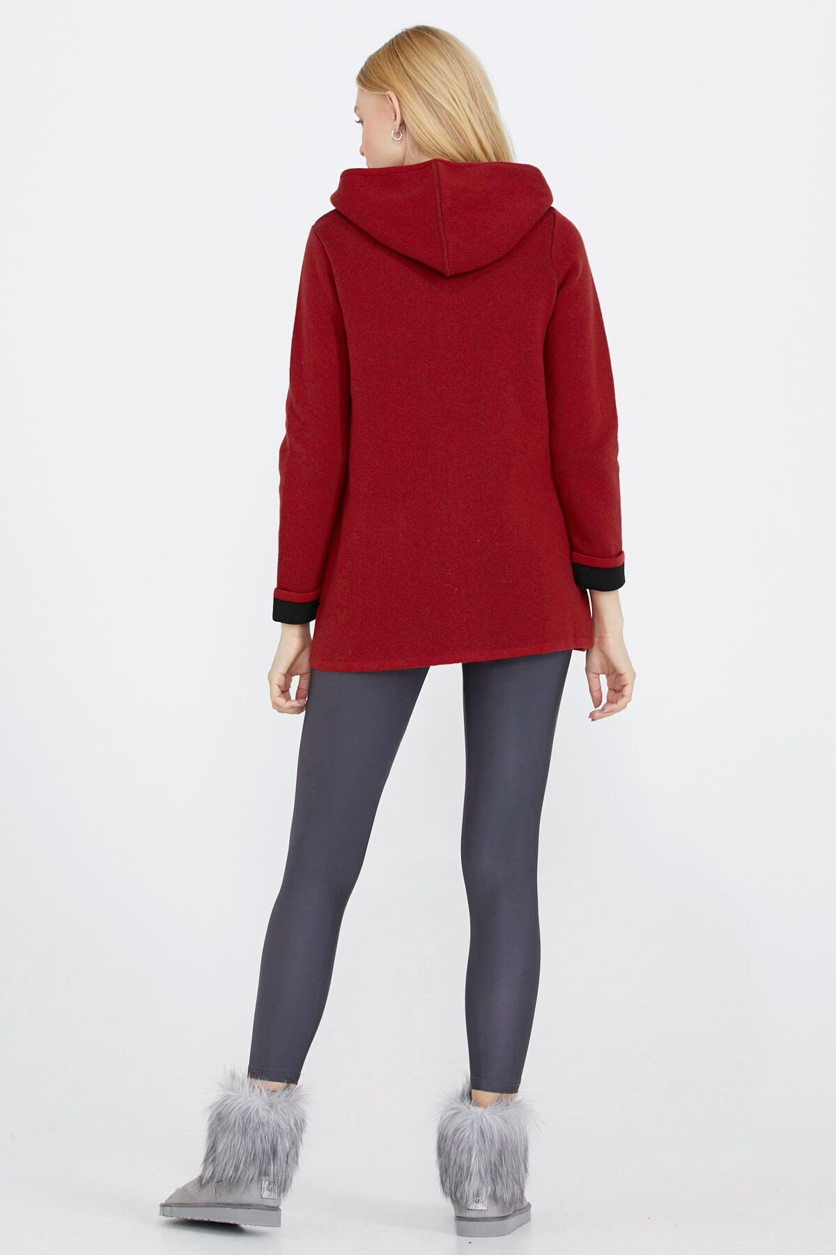 Cepli ve Kapüşonlu Kadın Triko Ceket - Kırmızı - Siyah (4) Sementa