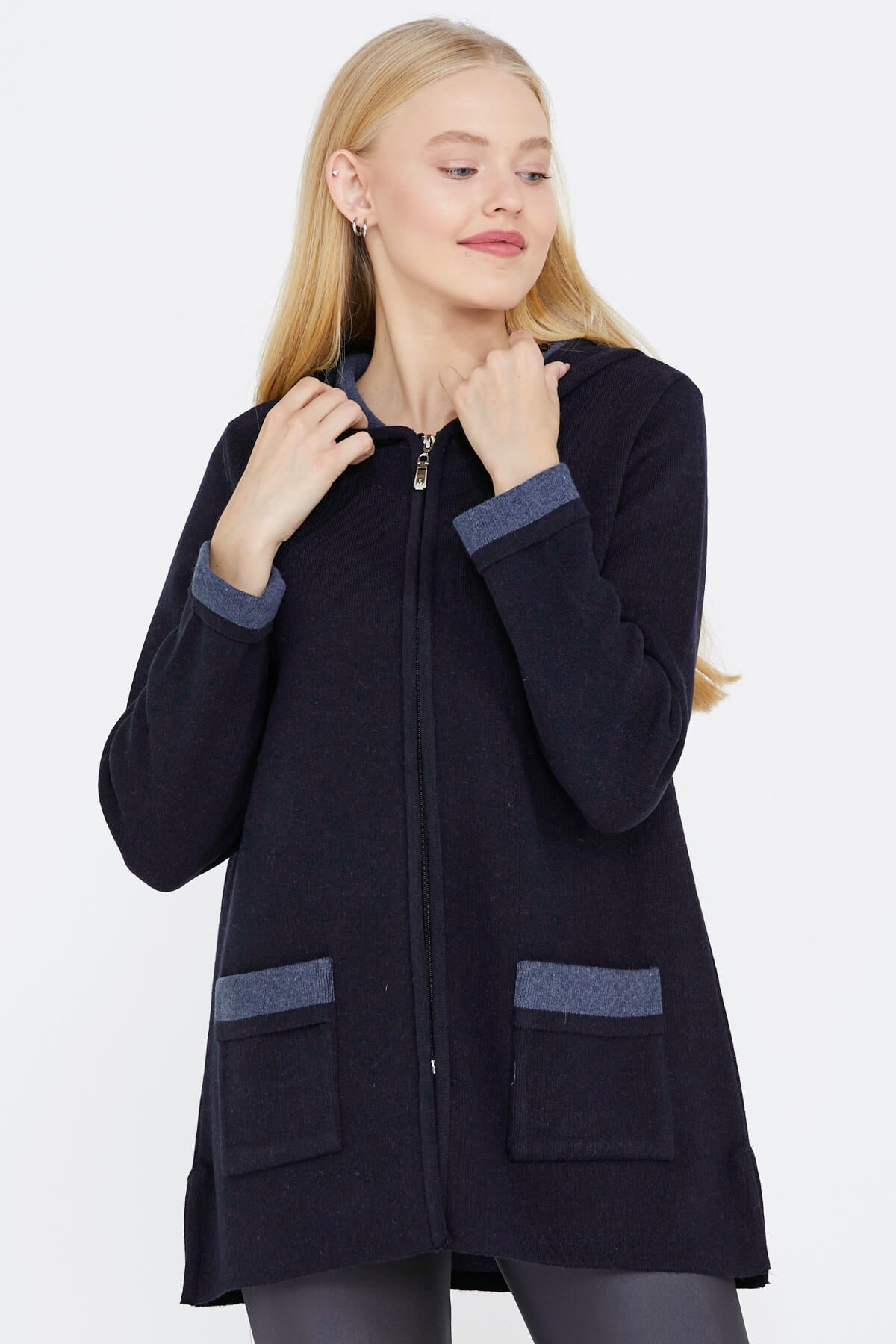 Cepli ve Kapüşonlu Kadın Triko Ceket - Lacivert - Indigo (1) Sementa