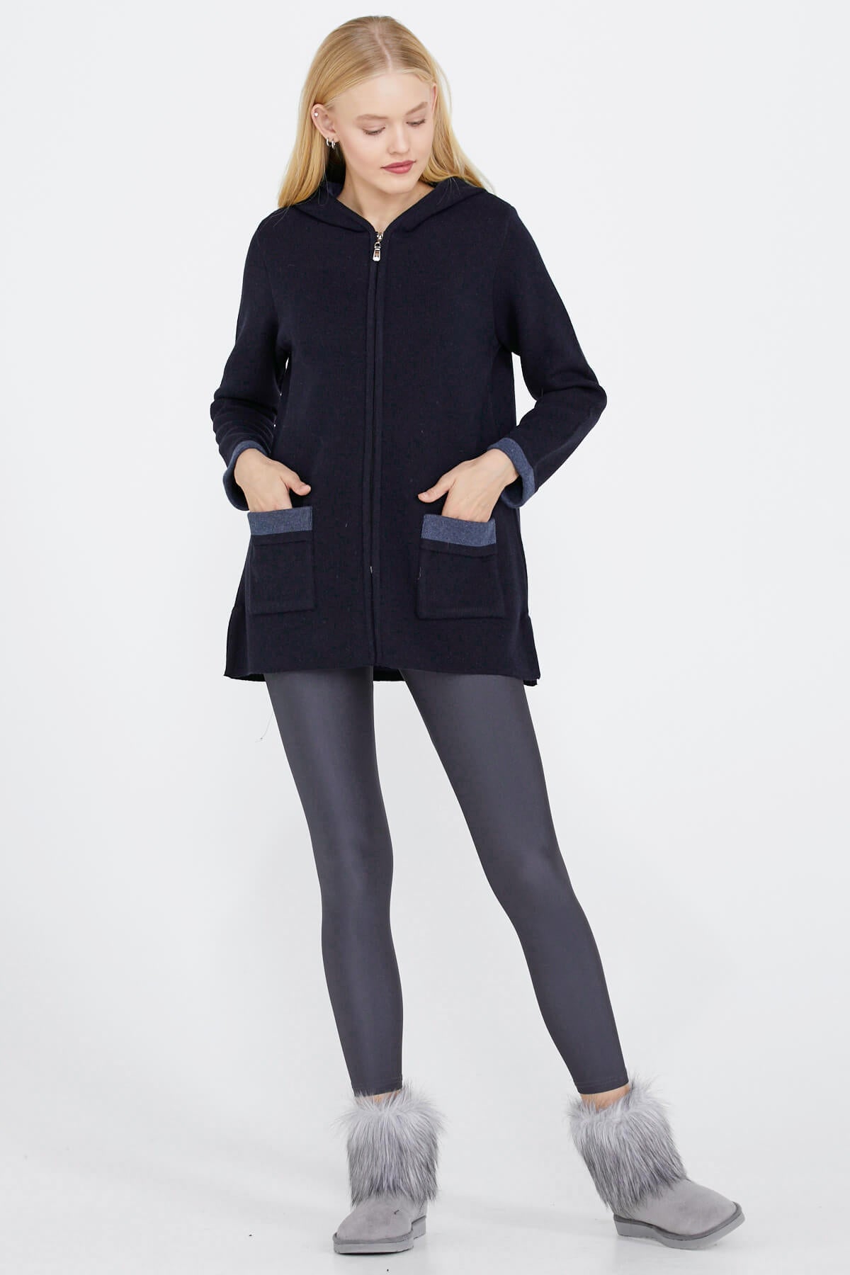 Cepli ve Kapüşonlu Kadın Triko Ceket - Lacivert - Indigo (2) Sementa