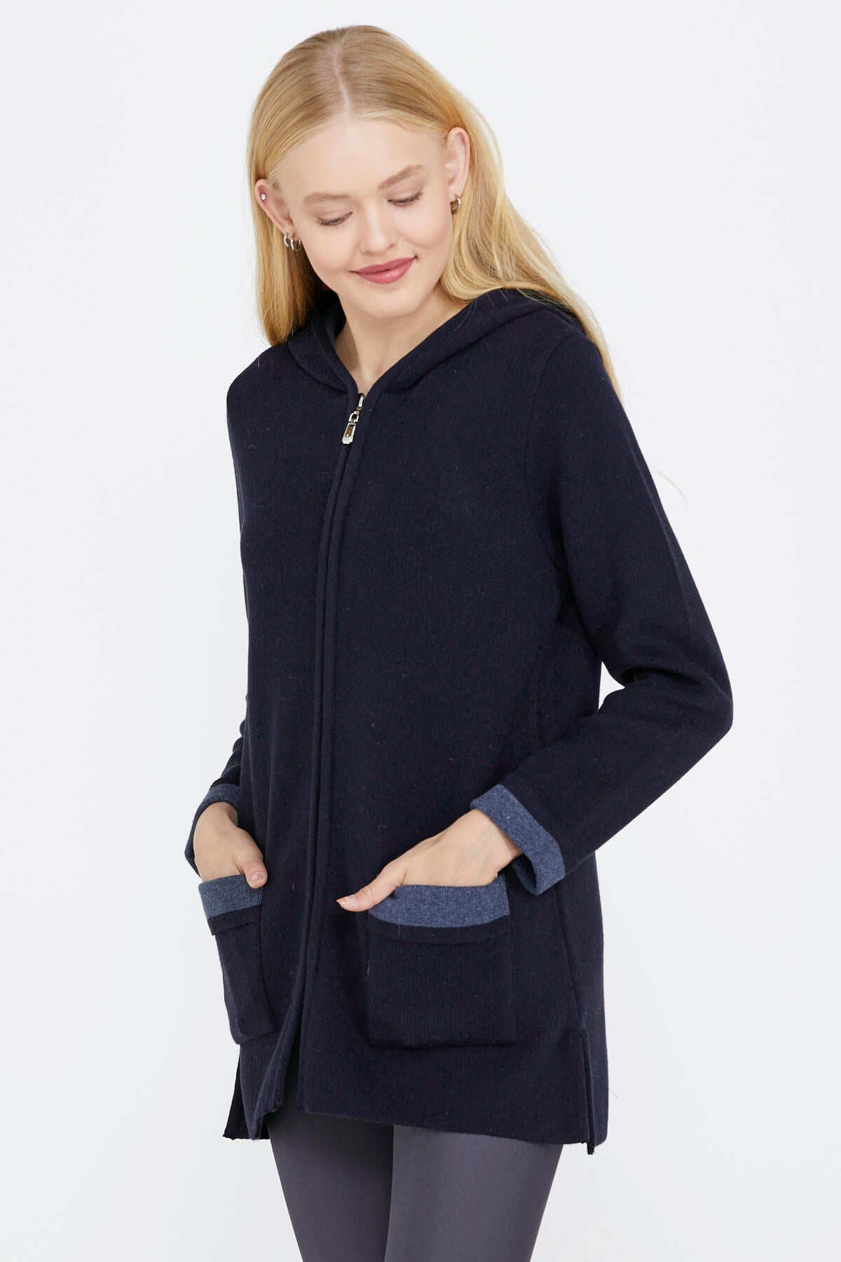 Cepli ve Kapüşonlu Kadın Triko Ceket - Lacivert - Indigo (3) Sementa