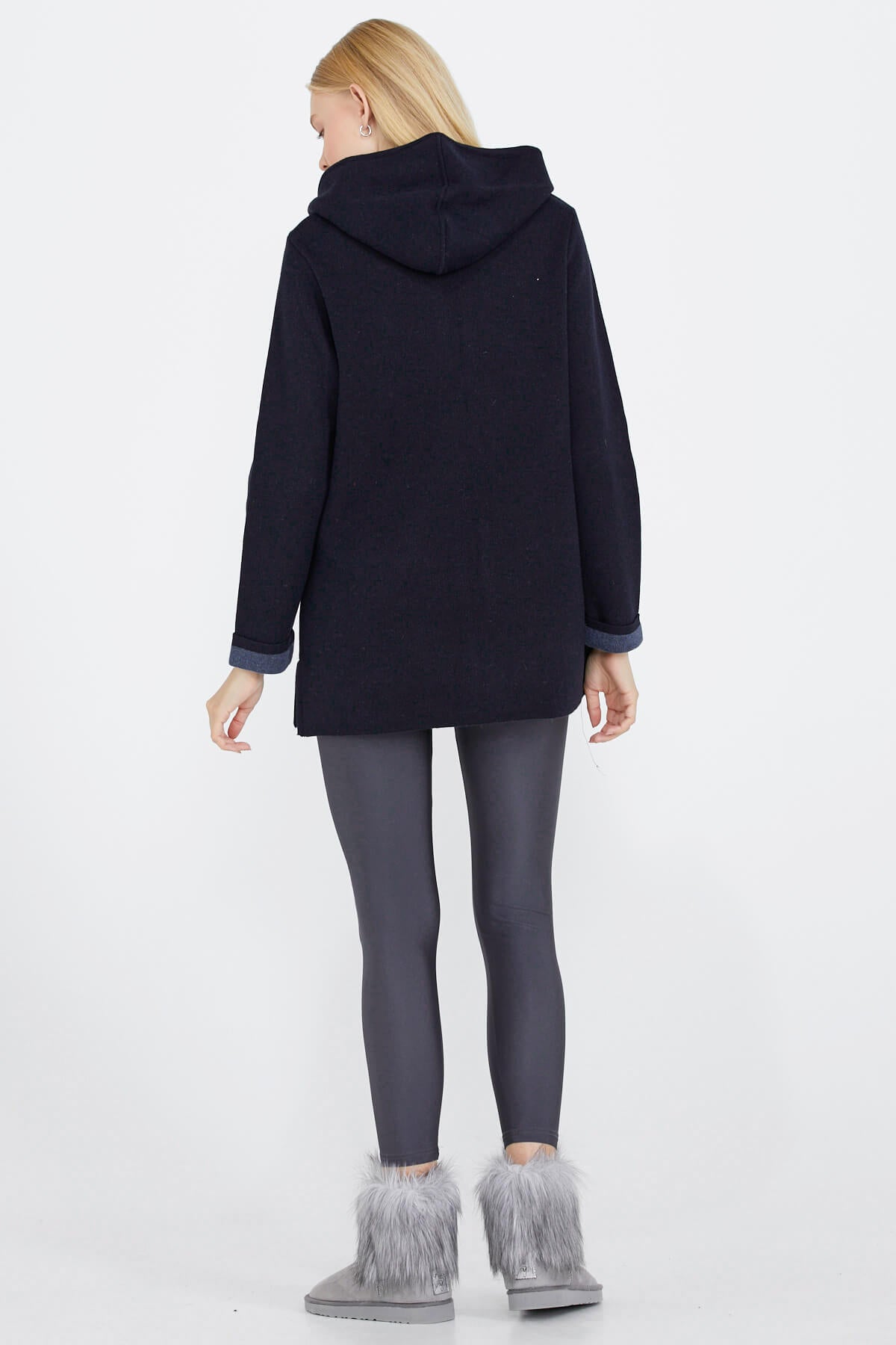 Cepli ve Kapüşonlu Kadın Triko Ceket - Lacivert - Indigo (4) Sementa